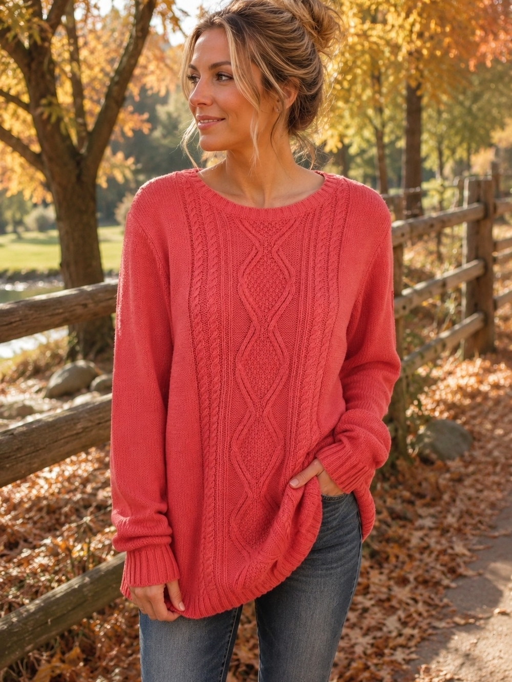 Coldwater Creek Cable Knit Sweater Large Salmon Pink Cotton Blend Pullover